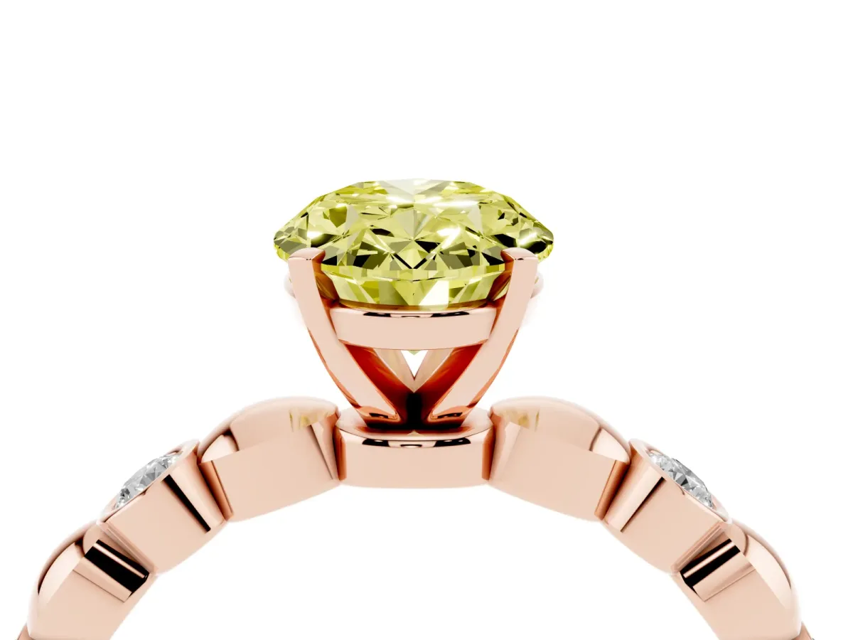 Fancy Yellow Oval Cut Solitaire Bezel-Set Diamond Ring with Beaded Band and Four-Prong Setting Rose gold