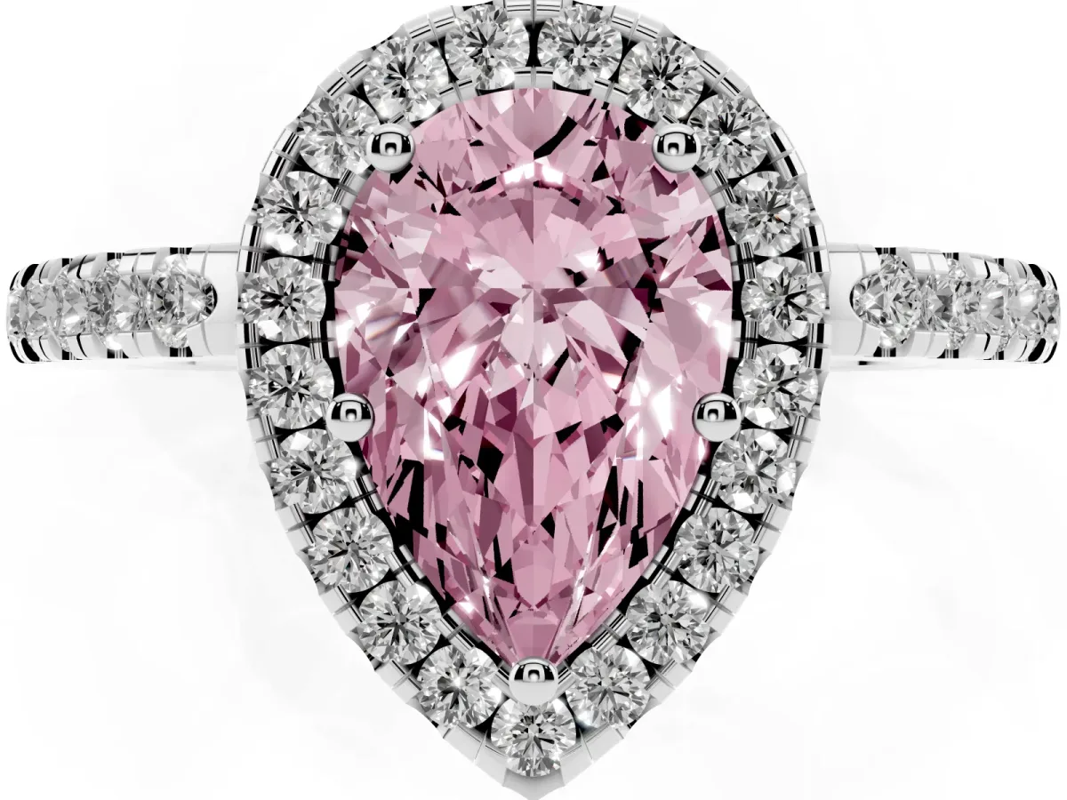 Fancy Pink Pear Cut Halo Diamond Engagement Ring with Pavé Band and Four-Prong Setting Silver