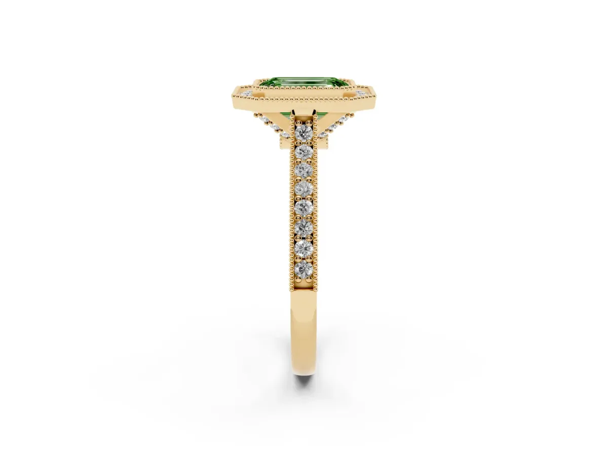 Fancy Green Halo Emerald Cut-Cut Diamond Pave Band Milgrain Prong Setting Ring Yellow gold