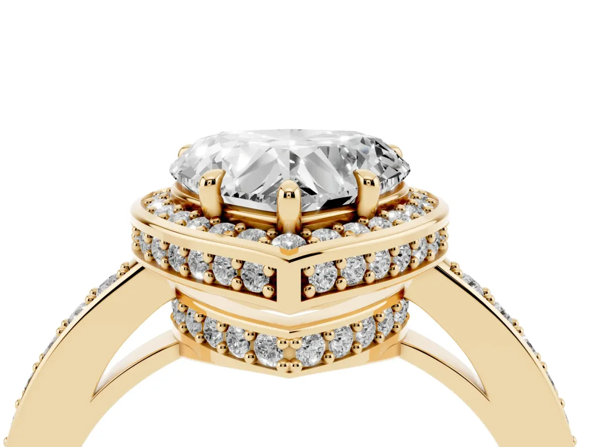 Heart Cut Halo Pave Band Solitaire Ring with Prong Setting Yellow gold