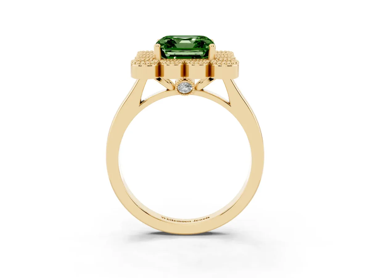 Fancy Green Asscher Cut Halo Diamond Cluster Engagement Ring with Milgrain Bezel Setting and Solitaire Band Yellow gold