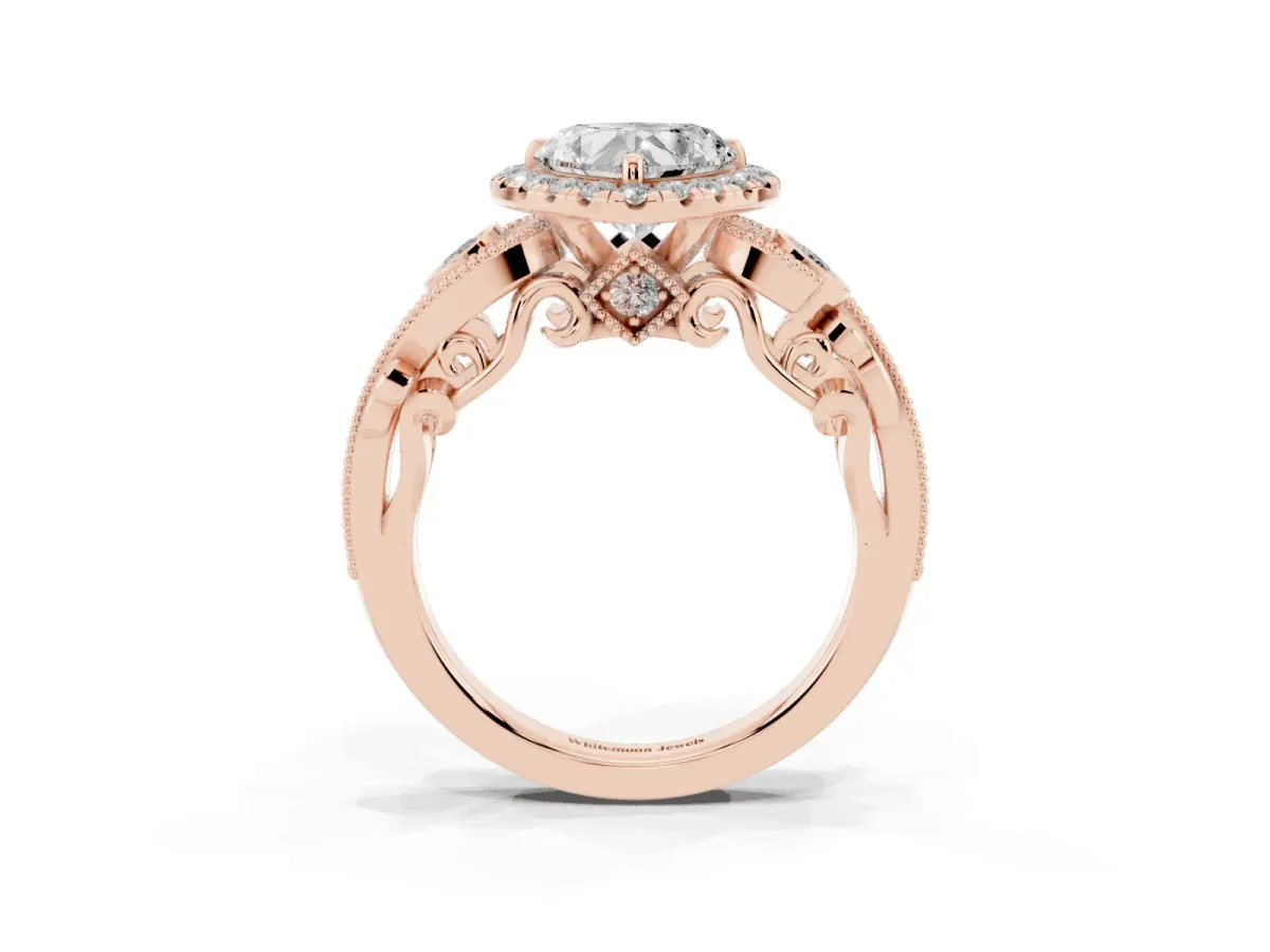 Heart Cut Diamond Halo Ring with Milgrain Pavé Band and Four-Prong Setting Rose gold