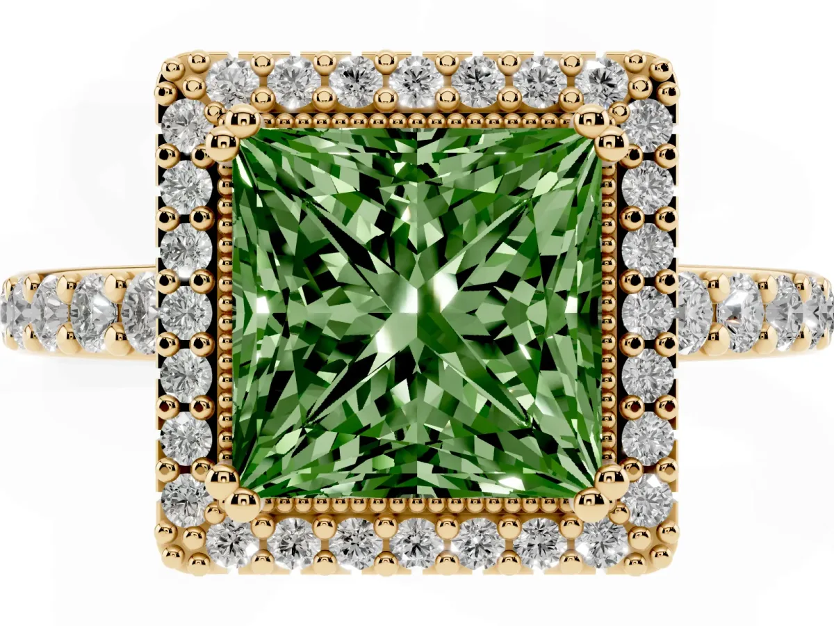 Fancy Green Princess Cut Cut Diamond Halo Engagement Ring with Milgrain Detail and Pavé Band Yellow gold
