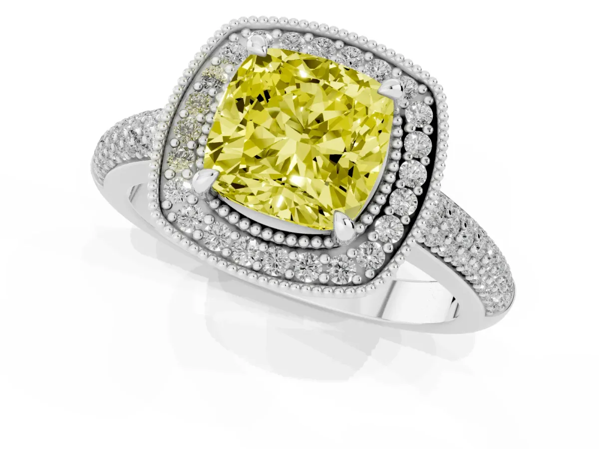 Fancy Yellow Cushion Cut Cut Halo Diamond Pave Band with Four-Prong Setting Platinum