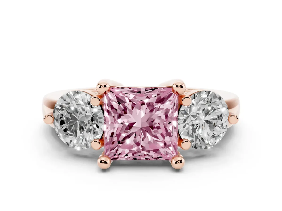 Fancy Pink Three-Stone Princess Cut Brilliant Cut Solitaire Ring with Prong Setting on a Classic Band Rose gold
