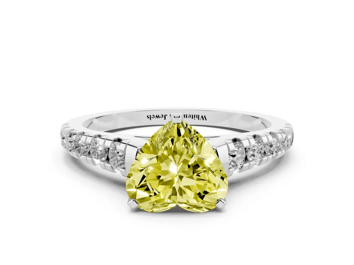 Fancy Yellow Heart Cut Diamond Cathedral Solitaire Ring with Round Pavé Band Silver