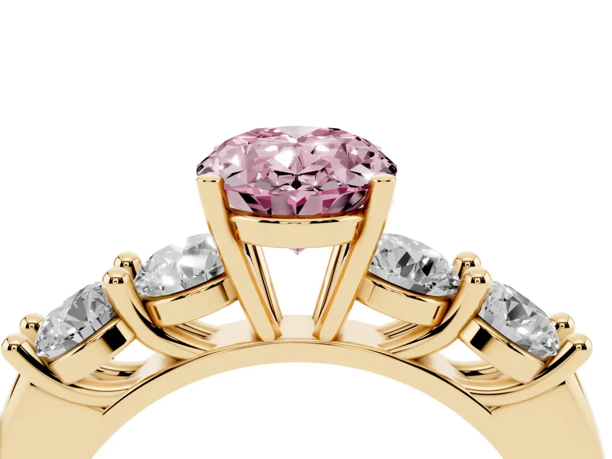 Fancy Pink Oval Cut Cut Five-Stone Prong Set Diamond Ring with Classic Band Yellow gold