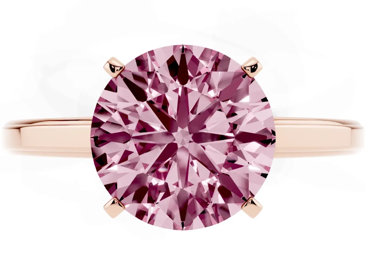 Fancy Pink Round Cut Solitaire Diamond Ring with Four-Prong Setting and Classic Band Rose gold