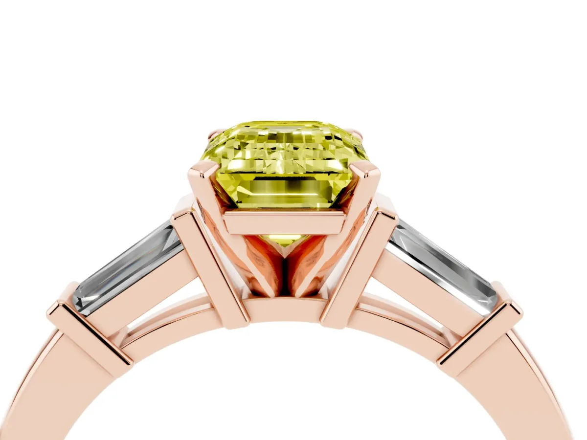 Fancy Yellow Emerald Cut Cut Diamond Solitaire Ring with Tapered Baguette Accents and Four-Prong Setting Rose gold