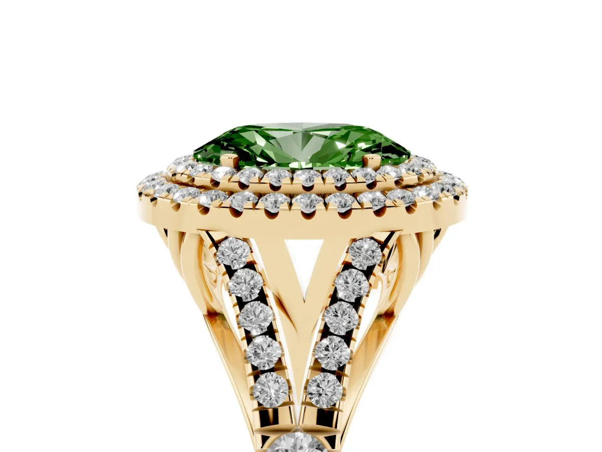 Fancy Green Oval Cut Diamond Pavé Split Shank Double Halo Engagement Ring Yellow gold