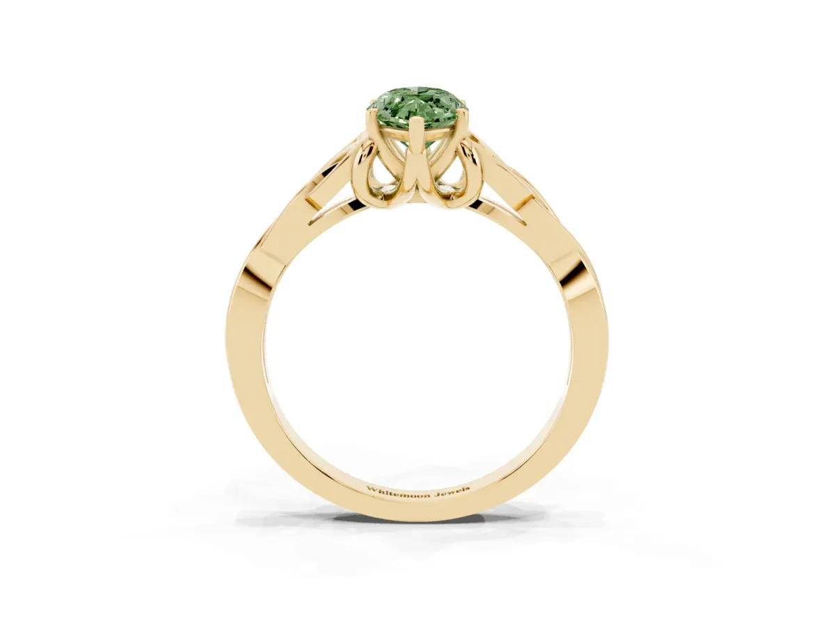 Fancy Green Marquise Cut Diamond Solitaire Engagement Ring with Celtic Knot Band and Four-Prong Setting Yellow gold