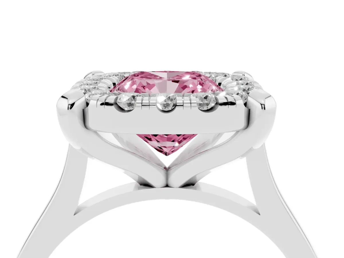 Fancy Pink Cushion Cut Diamond Cluster Halo Solitaire with Four-Prong Setting Silver