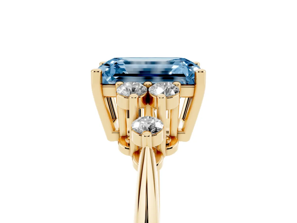 Fancy Blue Emerald Cut Cut Diamond Cluster Ring with Solitaire Band and Four-Prong Setting Yellow gold
