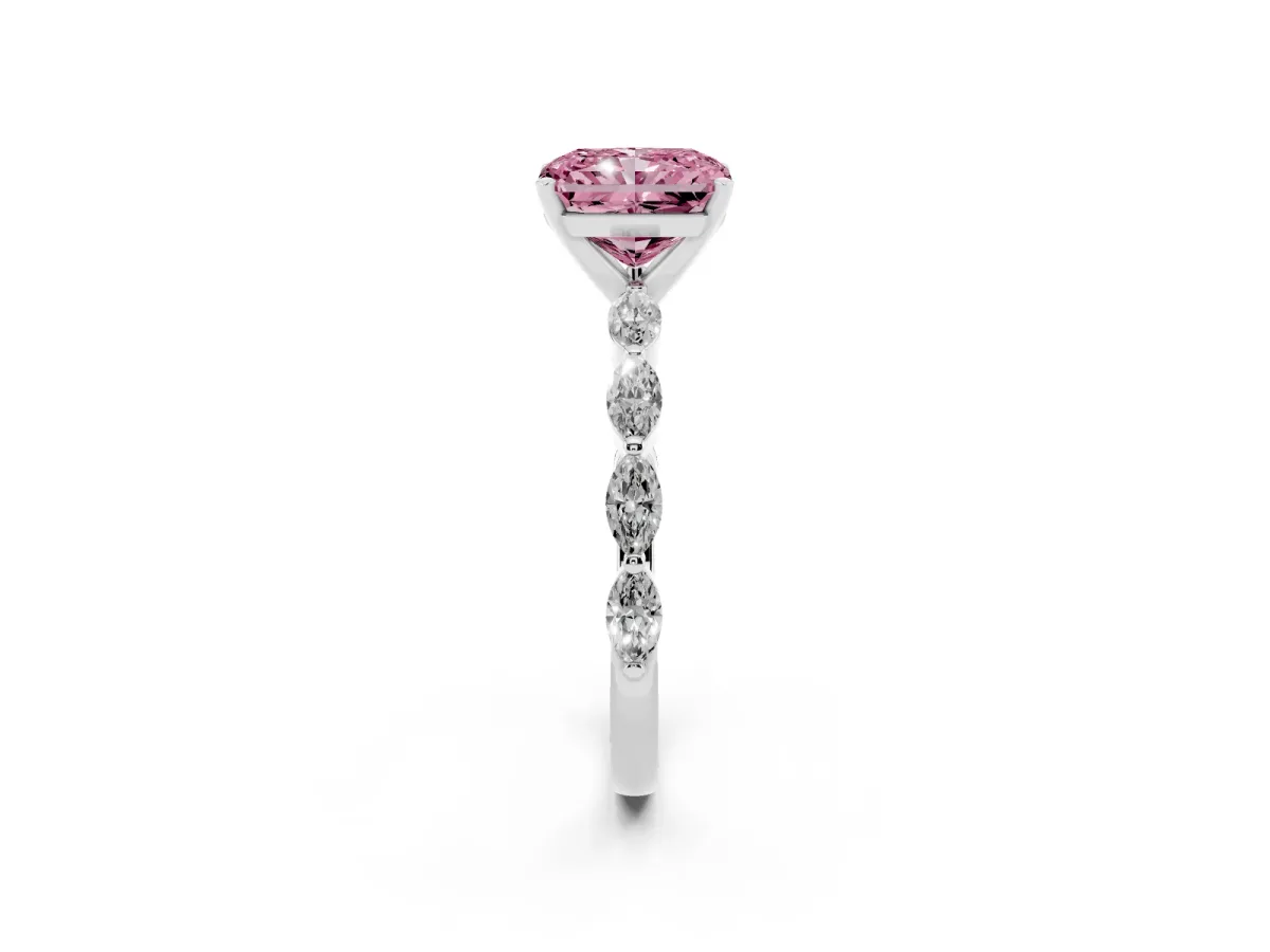 Fancy Pink Radiant Cut Diamond Ring with Marquise Side Stones and Prong Setting Platinum