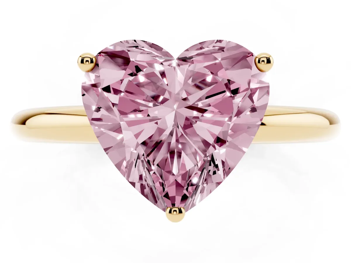 Fancy Pink Heart Cut Cut Solitaire Engagement Ring with Four-Prong Setting and Classic Band Yellow gold