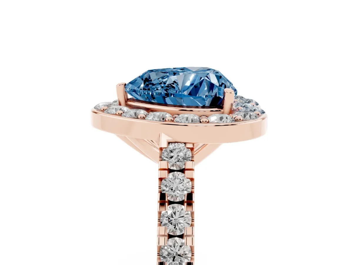 Fancy Blue Heart Cut Diamond Halo Ring with Round Pavé Split Shank and Prong Setting Rose gold