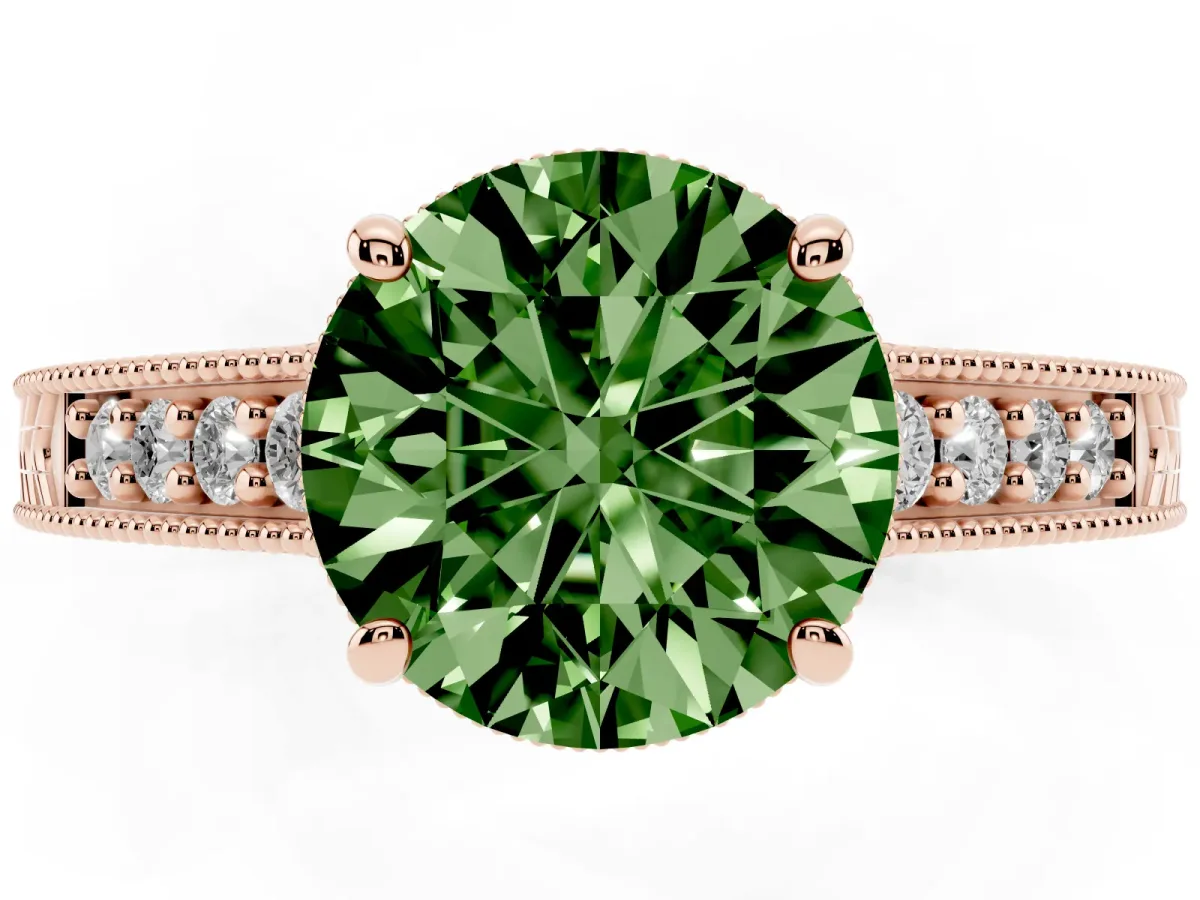 Fancy Green Round Cut Solitaire Pavé Diamond Milgrain Engagement Ring with Four-Prong Setting Rose gold