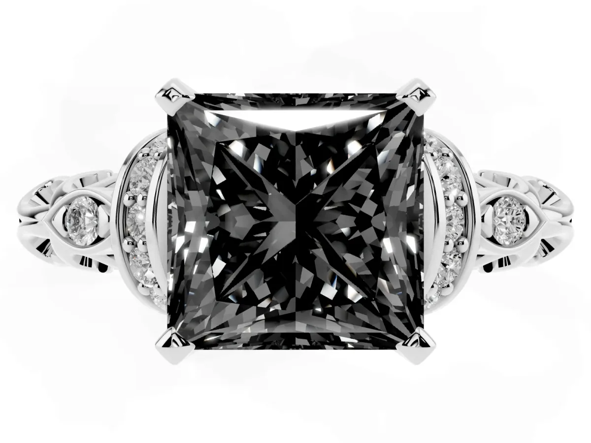 Fancy Black Princess Cut Diamond Solitaire Ring with Filigree Band and Four-Prong Setting Silver