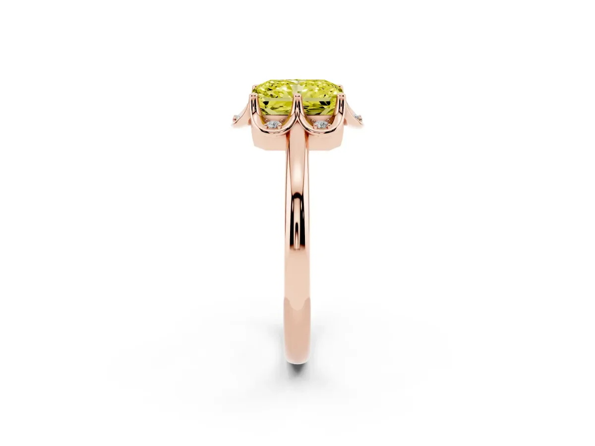 Fancy Yellow Radiant Cut Halo Diamond Ring with Round Cluster Setting, Solitaire Band, and Four-Prong Setting Rose gold