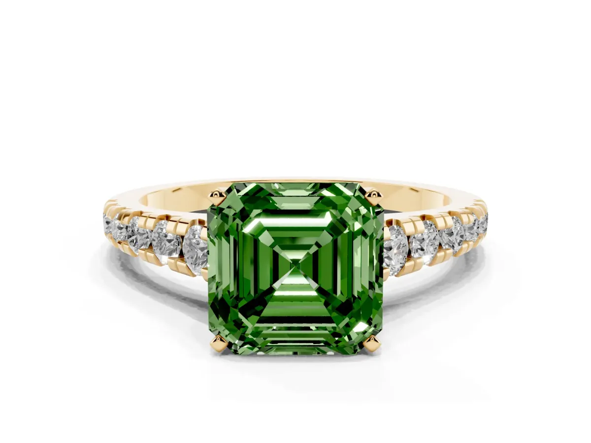 Fancy Green Asscher Cut Diamond Cathedral Solitaire Ring with Round Pavé Band Yellow gold