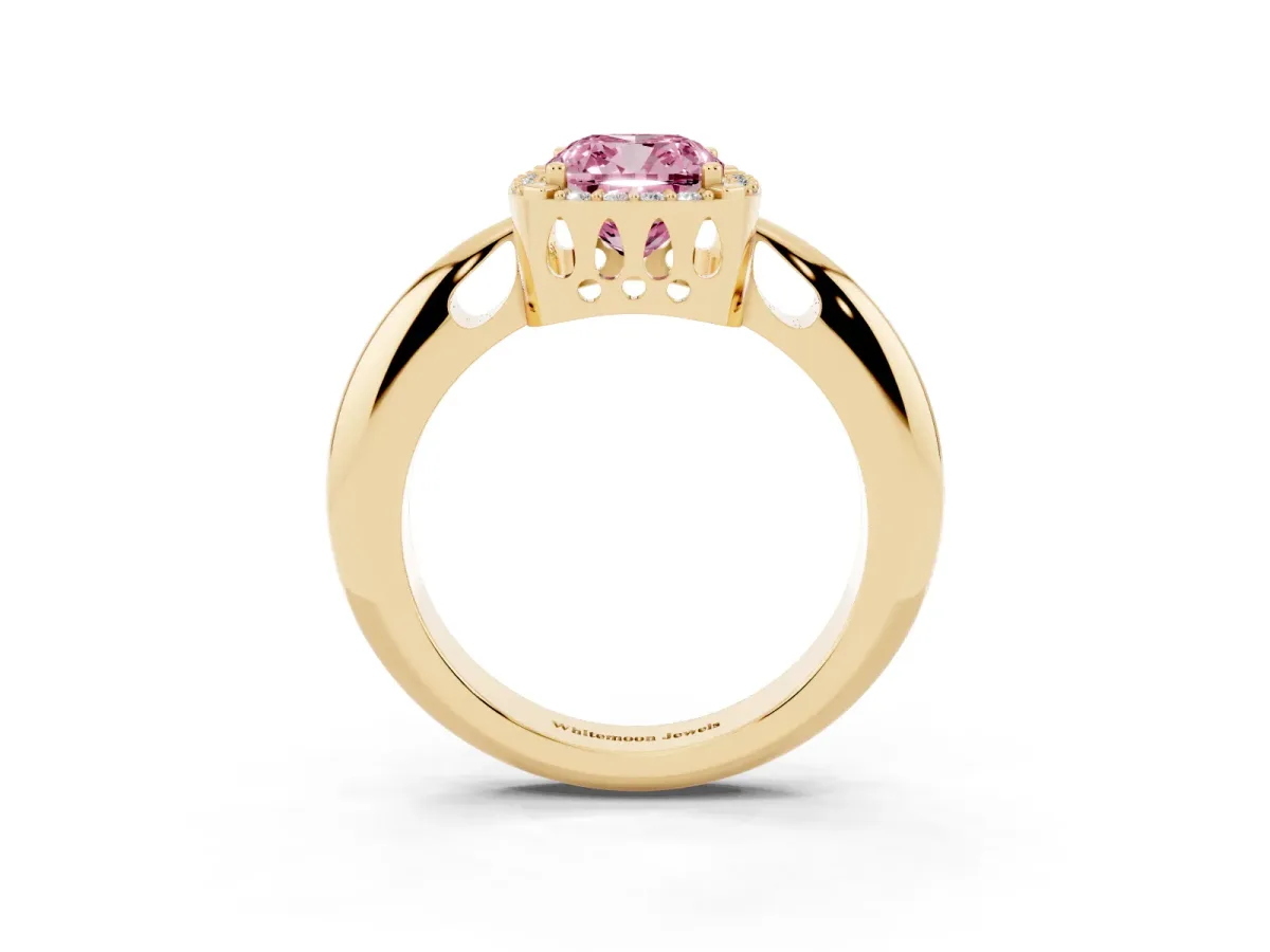 Fancy Pink Cushion Cut Cut Diamond Halo Engagement Ring with Split Shank and Four-Prong Setting Yellow gold
