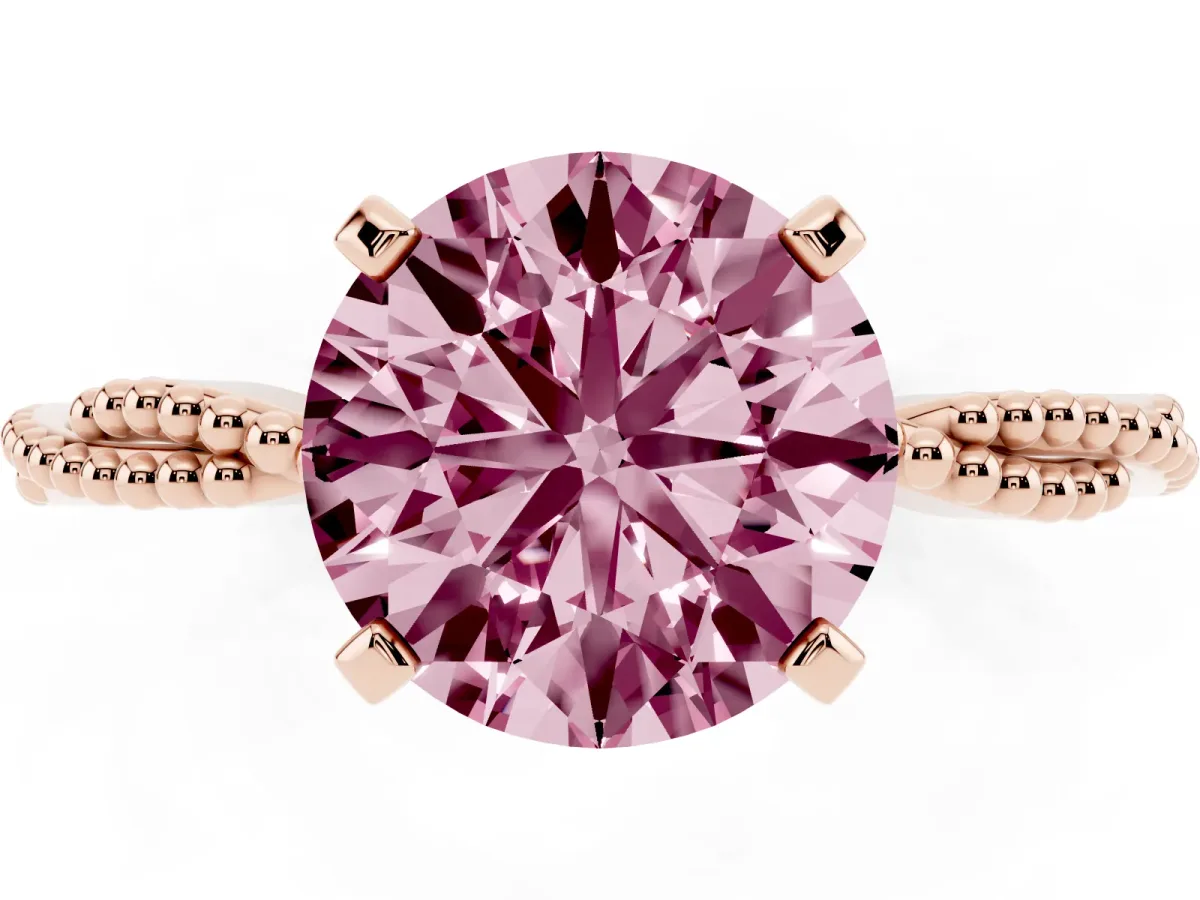 Fancy Pink Round Cut Solitaire Twisted Band with Bead Prong Setting Rose gold