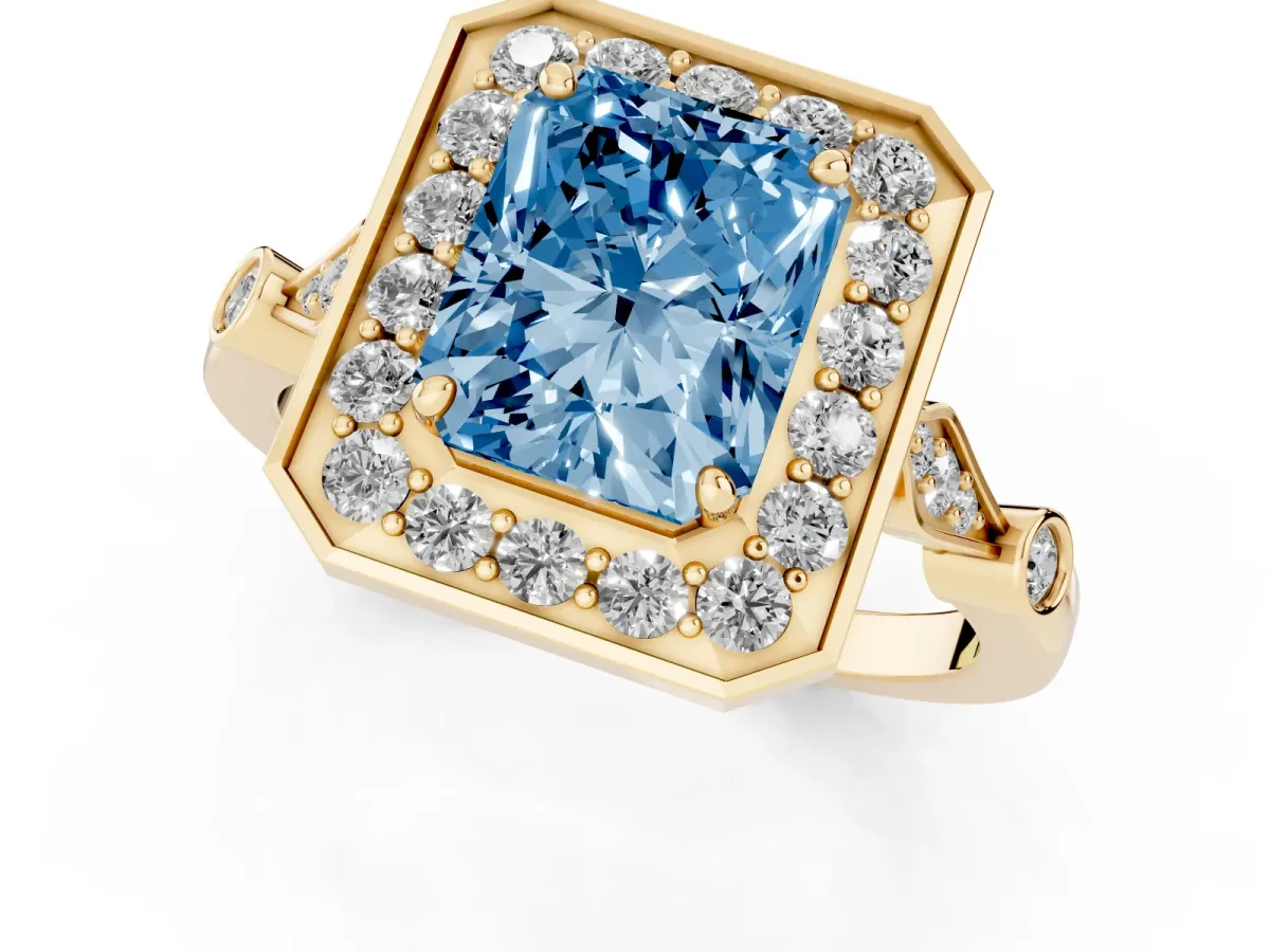 Fancy Blue Radiant Cut Halo Diamond Engagement Ring with Twisted Band and Four-Prong Setting Yellow gold