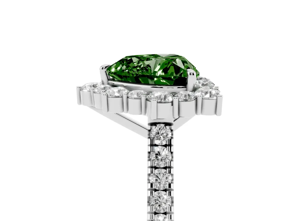 Fancy Green Heart Cut Halo Diamond Ring with Pavé Band and Prong Setting Silver