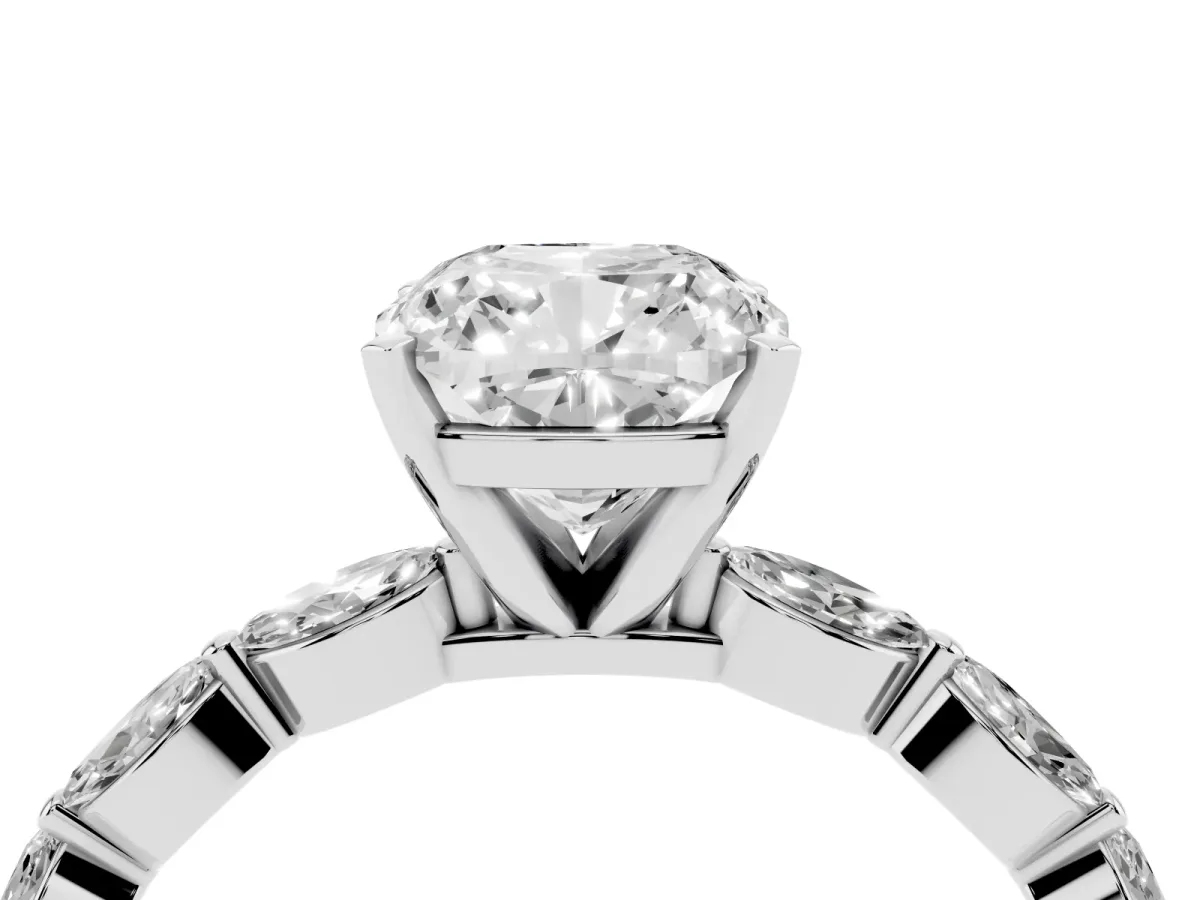 Cushion Cut Diamond Ring with Marquise Side Stones and Prong Setting Silver