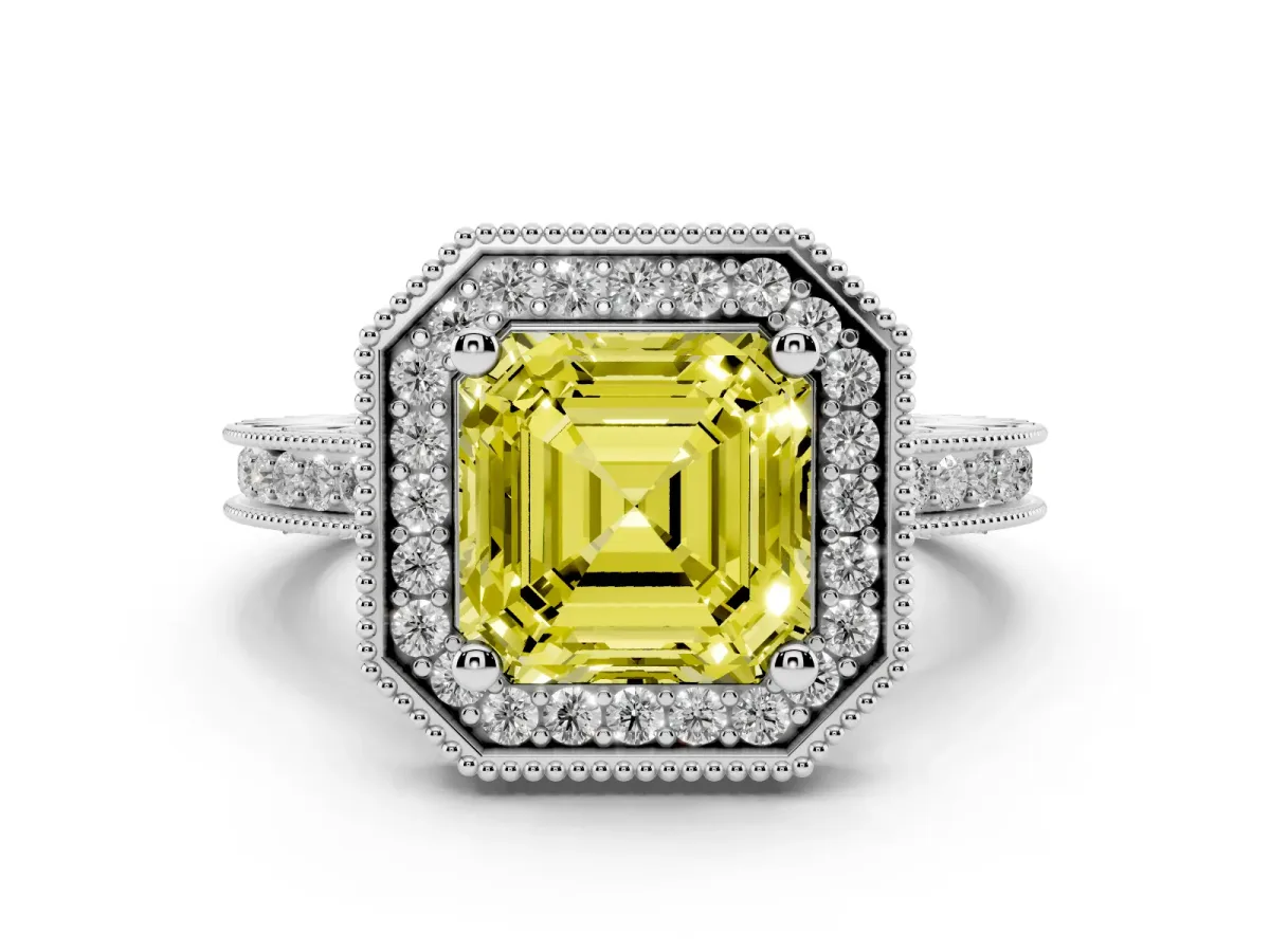 Fancy Yellow Asscher Cut Diamond Milgrain Halo Engagement Ring with Round Pavé Band and Prong Setting Platinum