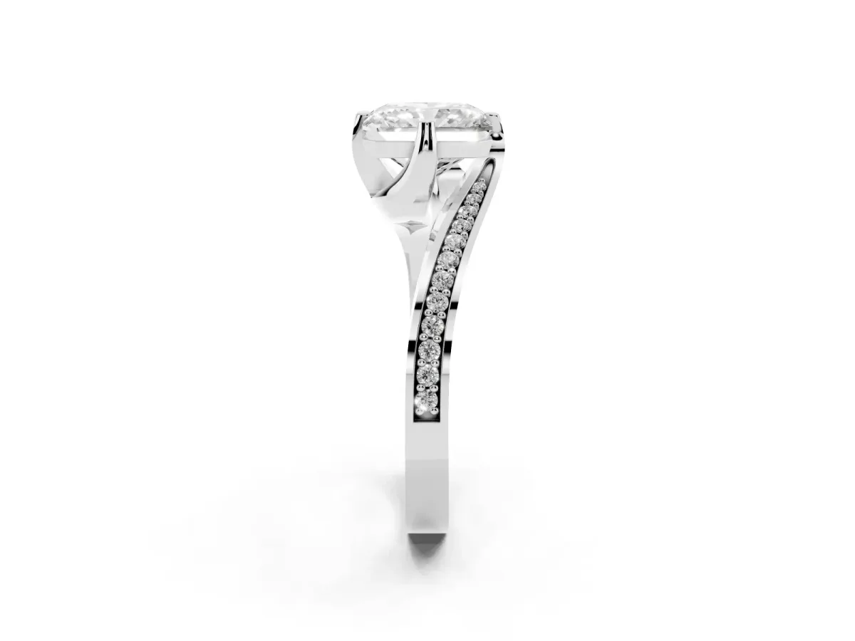 Radiant Cut Solitaire Diamond Twist Band with Pavé Setting and Four-Prong Setting Silver