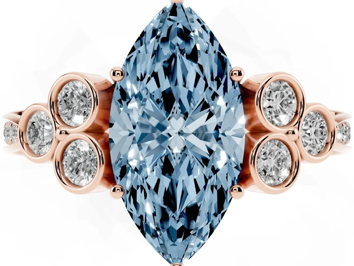Fancy Blue Marquise Cut Cut Diamond Engagement Ring with Bezel Set Round Side Stones and Prong Setting Rose gold
