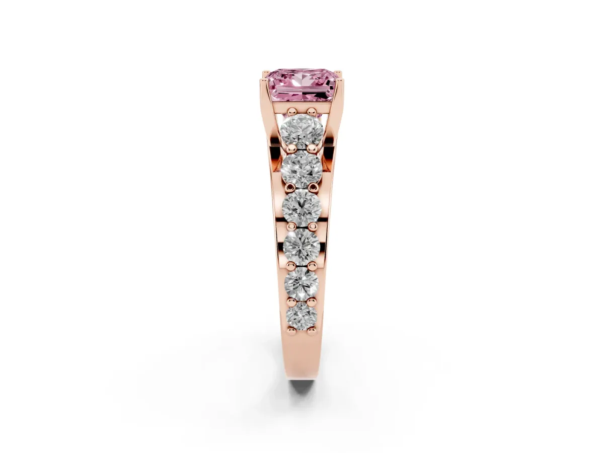 Fancy Pink Princess Cut Diamond Engagement Ring with Pavé Band and Four-Prong Setting Rose gold