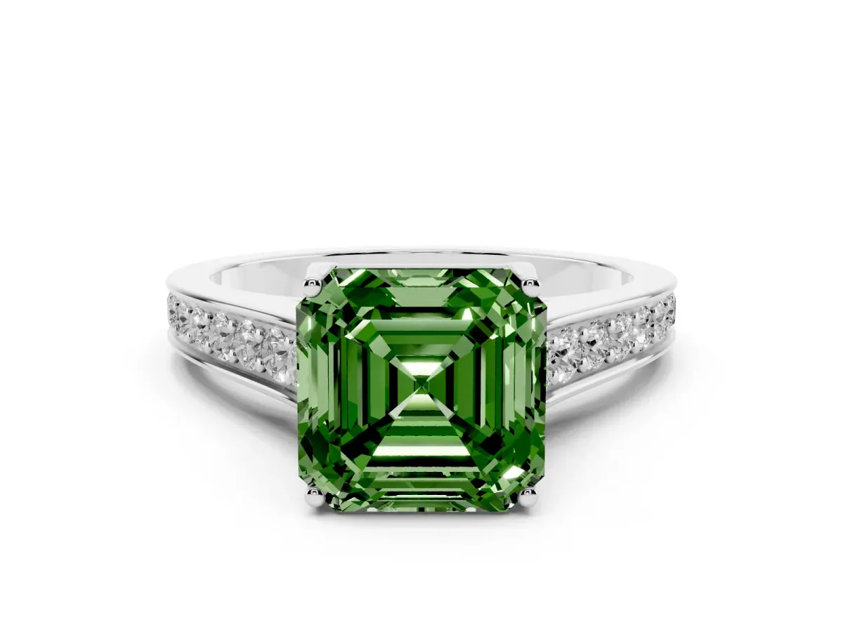 Fancy Green Asscher Cut Brilliant Cut Diamond Engagement Ring with Pavé Band and Four-Prong Setting Platinum