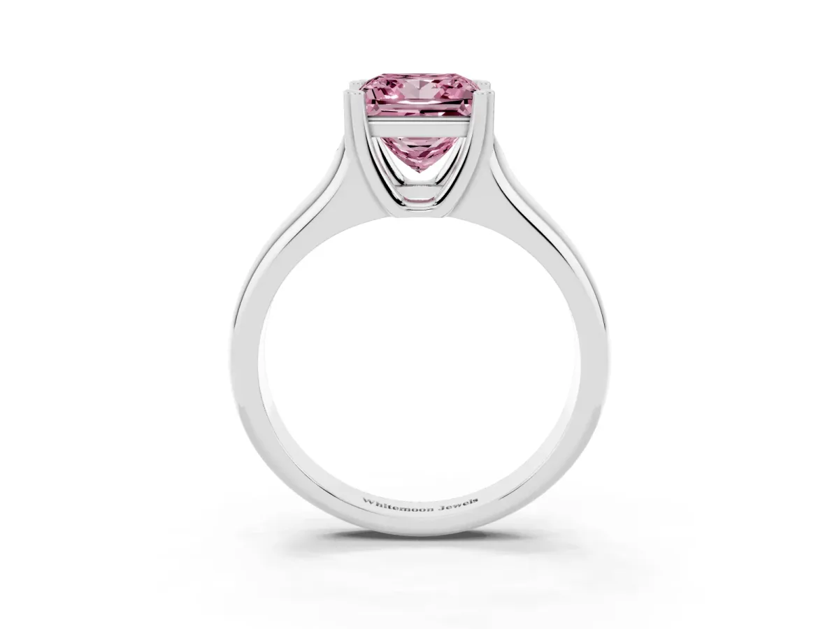 Fancy Pink Princess Cut Diamond Solitaire Ring with Wide Band and Prong Setting Silver