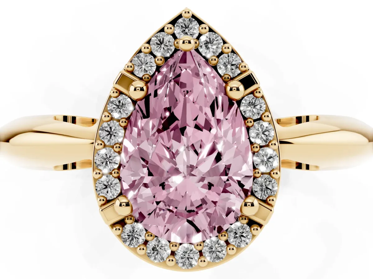 Fancy Pink Pear Cut Cut Diamond Halo Engagement Ring with Split Shank and Four-Prong Setting Yellow gold