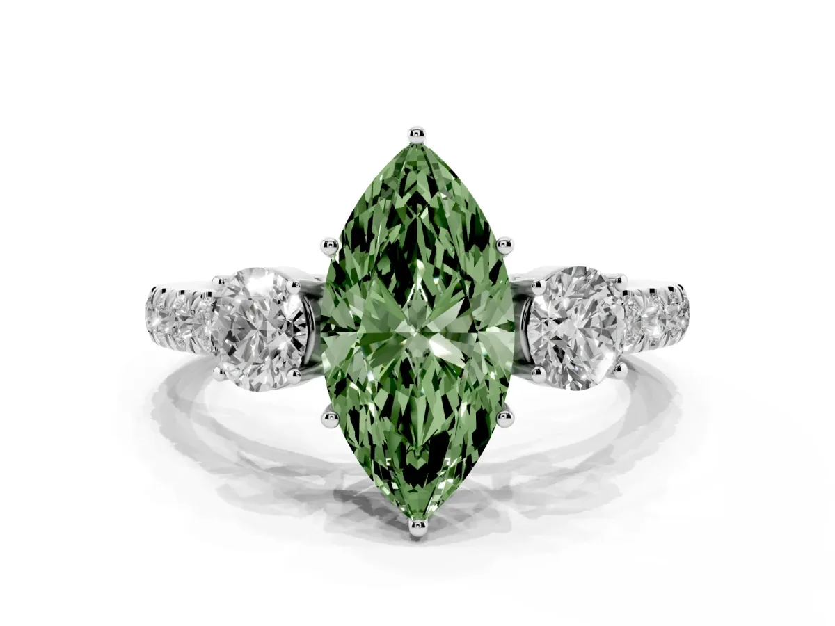 Fancy Green Marquise Cut Cut Diamond Three-Stone Ring with Round Side Stones and Pavé Band Silver