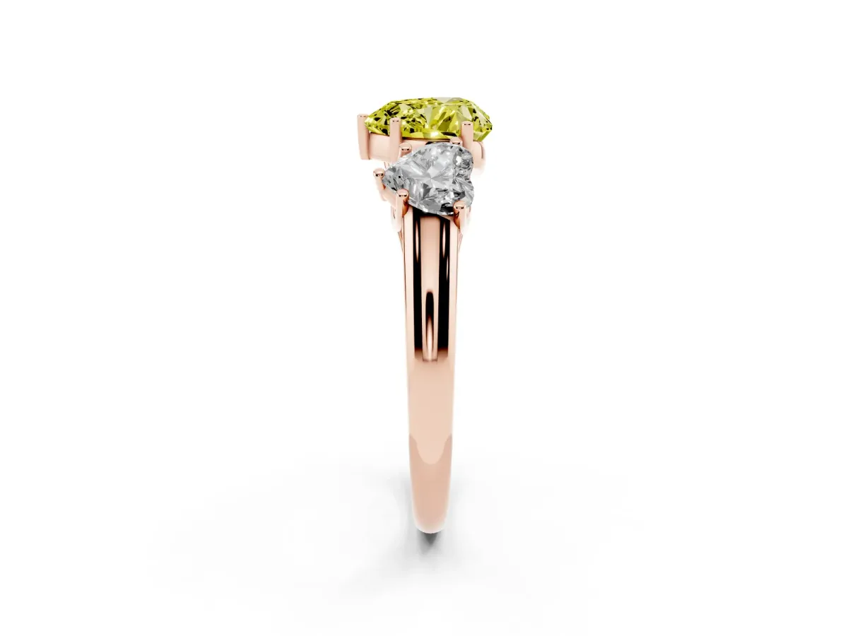 Fancy Yellow Three-Stone Heart Cut Diamond Engagement Ring with Prong Setting Rose gold