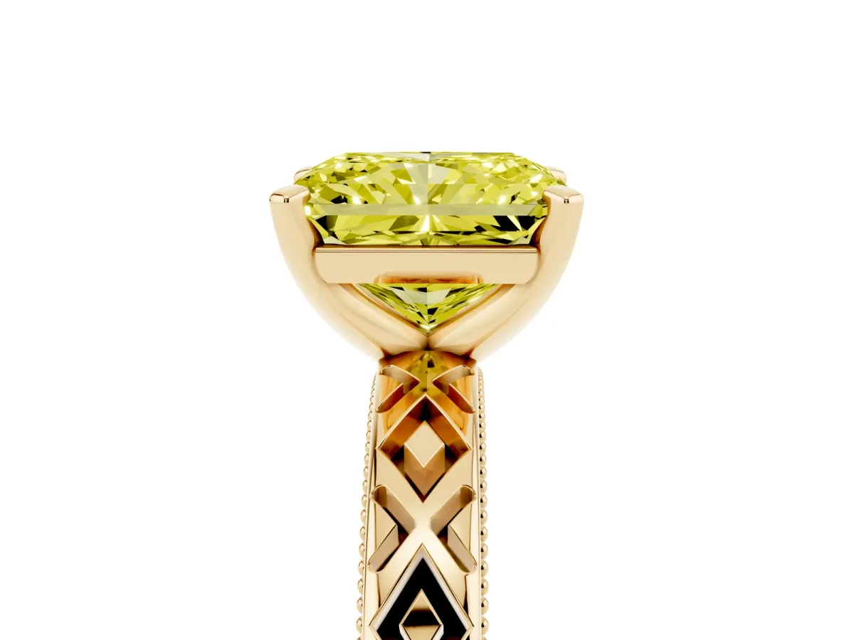 Fancy Yellow Radiant Cut Solitaire Diamond Ring with Milgrain and Black Enamel X Pattern Band Yellow gold