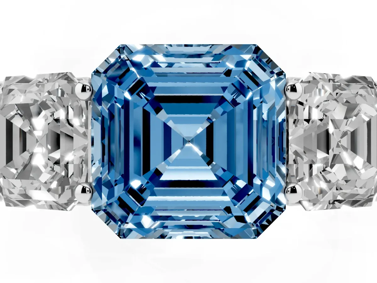 Fancy Blue Asscher Cut Three-Stone Diamond Ring with Prong Setting on a Classic Band White gold
