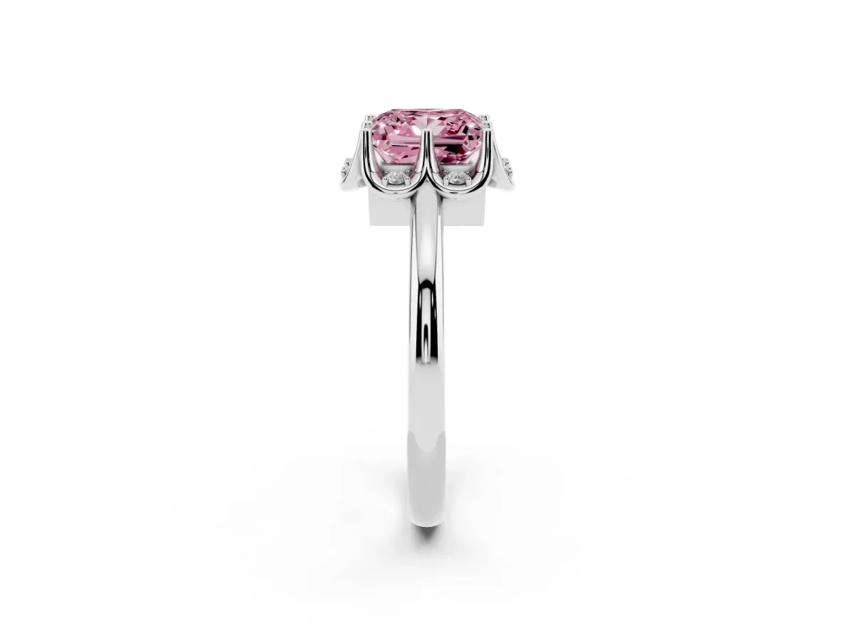 Fancy Pink Princess Cut Halo Diamond Ring with Round Cluster Setting, Solitaire Band, and Four-Prong Setting Platinum
