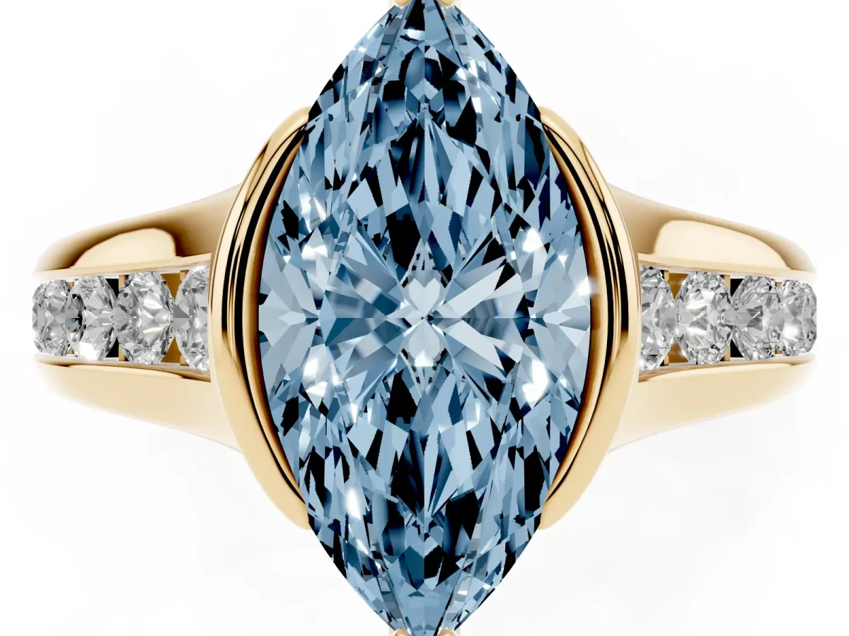 Fancy Blue Marquise Cut Solitaire Bezel-Set Diamond Ring with Channel-Set Band Yellow gold