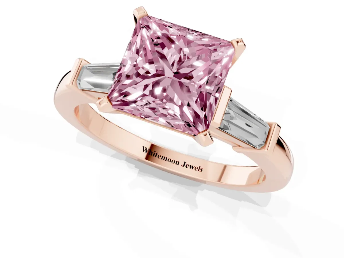 Fancy Pink Princess Cut Cut Diamond Solitaire Ring with Tapered Baguette Accents and Four-Prong Setting Rose gold