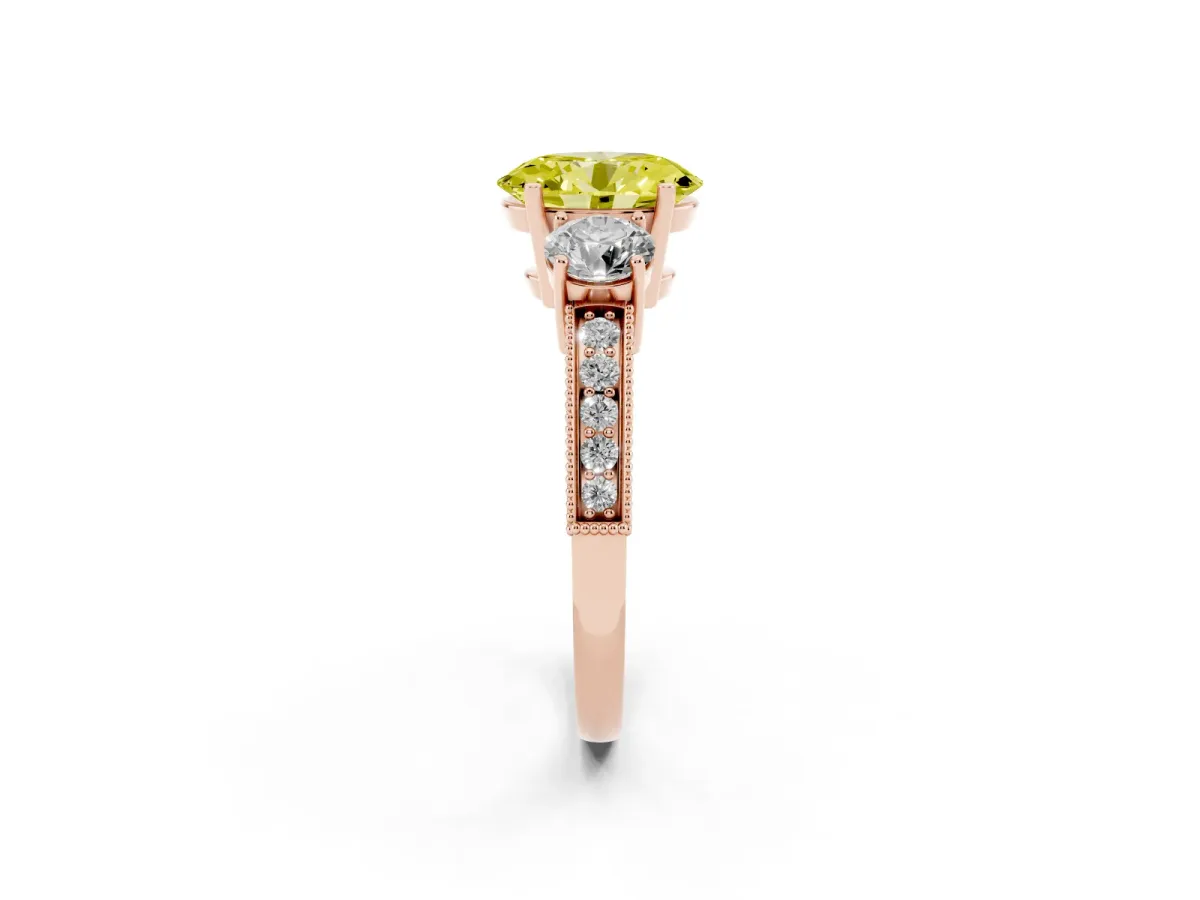 Fancy Yellow Oval Cut Three-Stone Diamond Ring with Pavé Band and Four-Prong Setting Rose gold