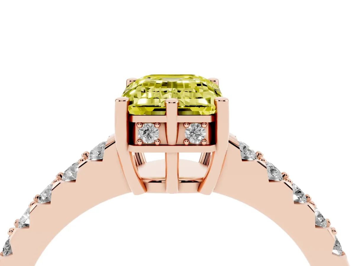 Fancy Yellow Emerald Cut Solitaire Diamond Engagement Ring with Pavé Band and Six-Prong Setting Rose gold
