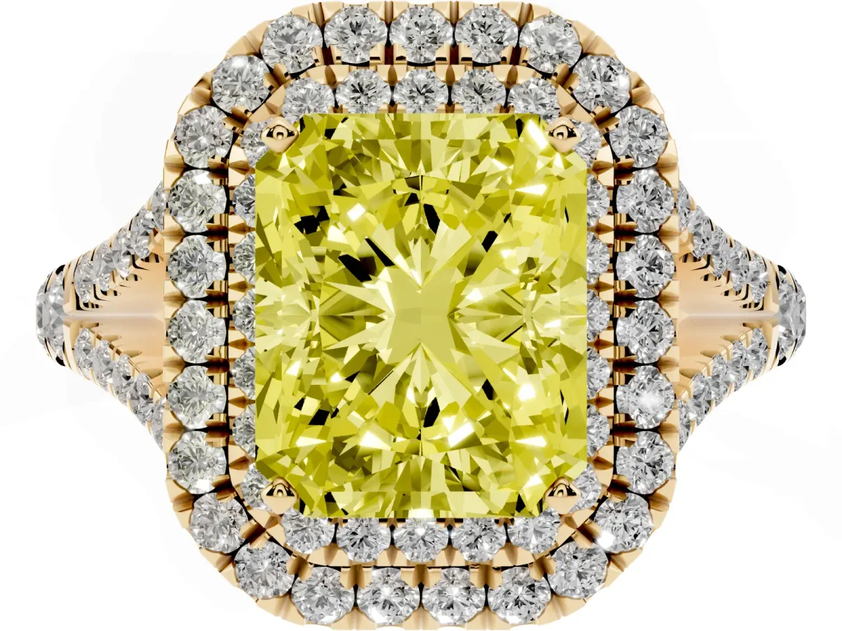 Fancy Yellow Radiant Cut Diamond Pavé Split Shank Double Halo Engagement Ring Yellow gold
