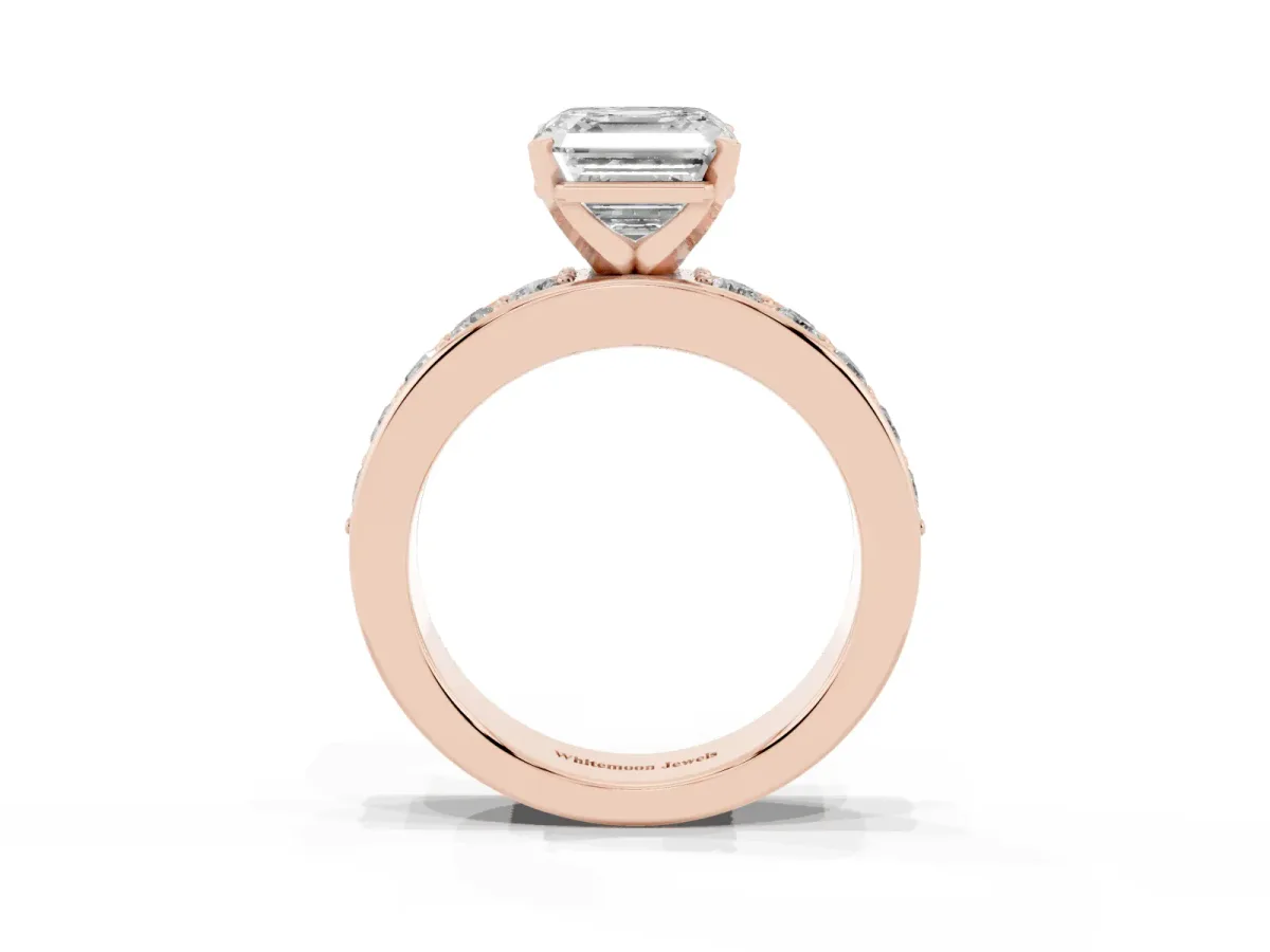 Asscher Cut Diamond Engagement Ring with Channel Set Round Band and Prong Setting Rose gold