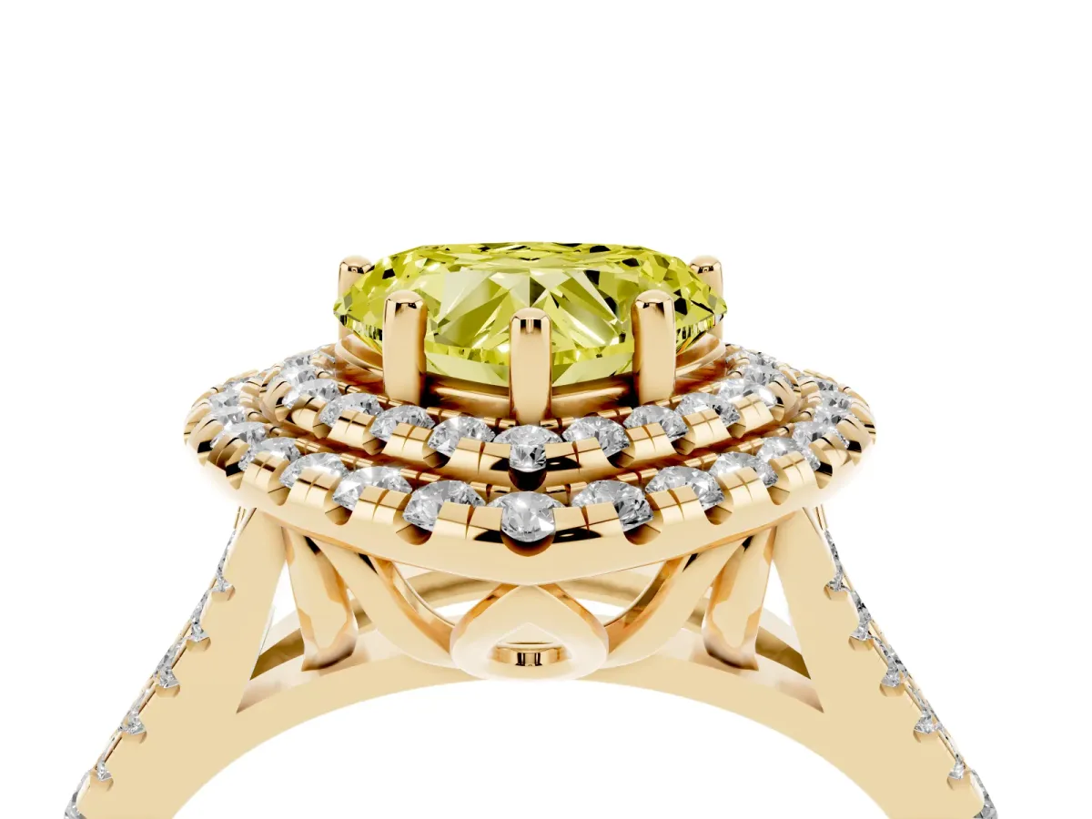 Fancy Yellow Double Halo Heart Cut Diamond Pavé Split Shank Ring with Prong Setting Yellow gold