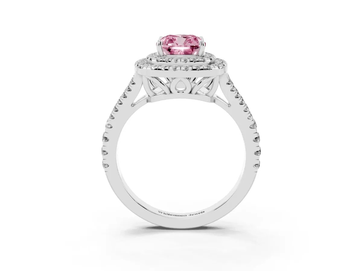 Fancy Pink Cushion Cut Diamond Double Halo Ring with Pavé Band and Prong Setting Silver