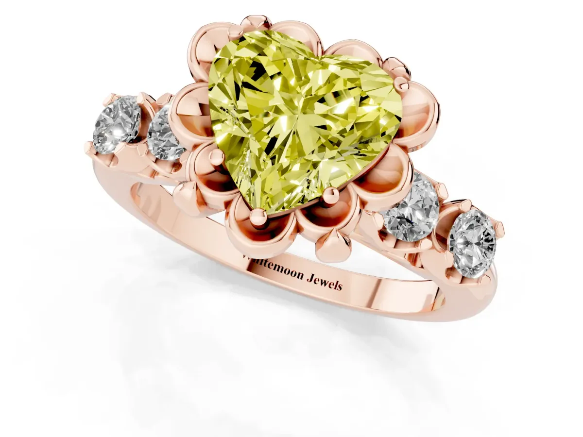 Fancy Yellow Heart Cut Cut Diamond Floral Halo Engagement Ring with Shared Prong Setting Rose gold
